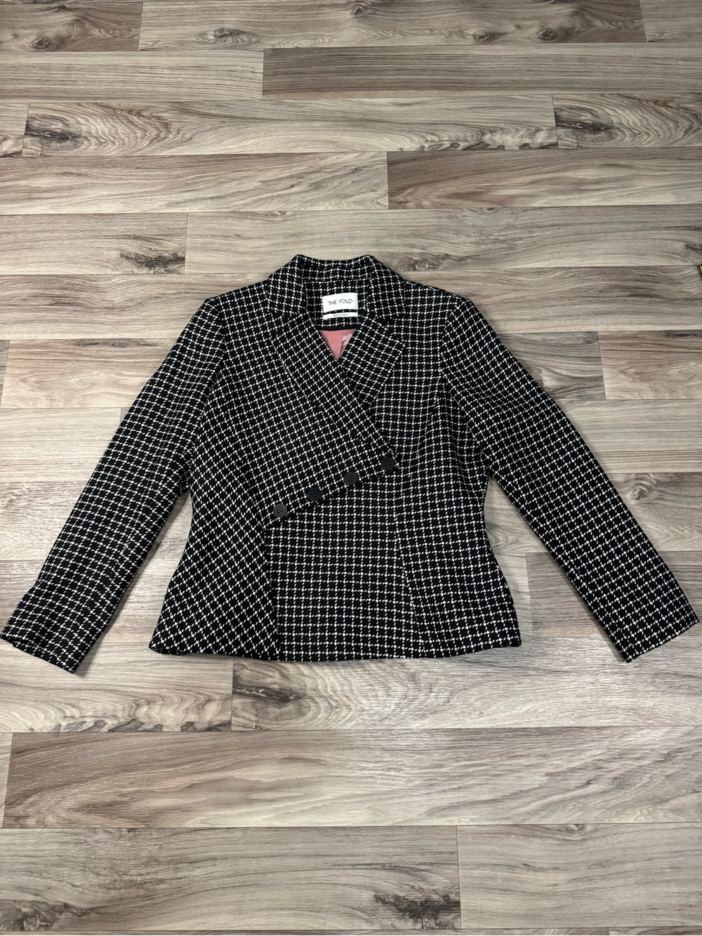 The Fold London Sloane Blazer 100% Virgin Wool Asymmetric in Black Print Size 16